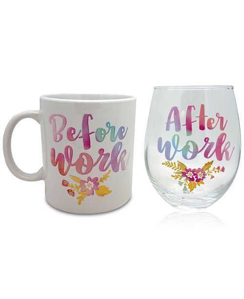 Tmd Holdings Before Work After Work Watercolor 18oz Ceramic Mug 22oz Stemless Wine Glass Set Reviews Glassware Dining Macy S