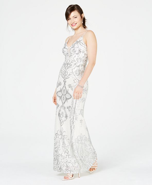 betsy and adam embellished chiffon illusion gown