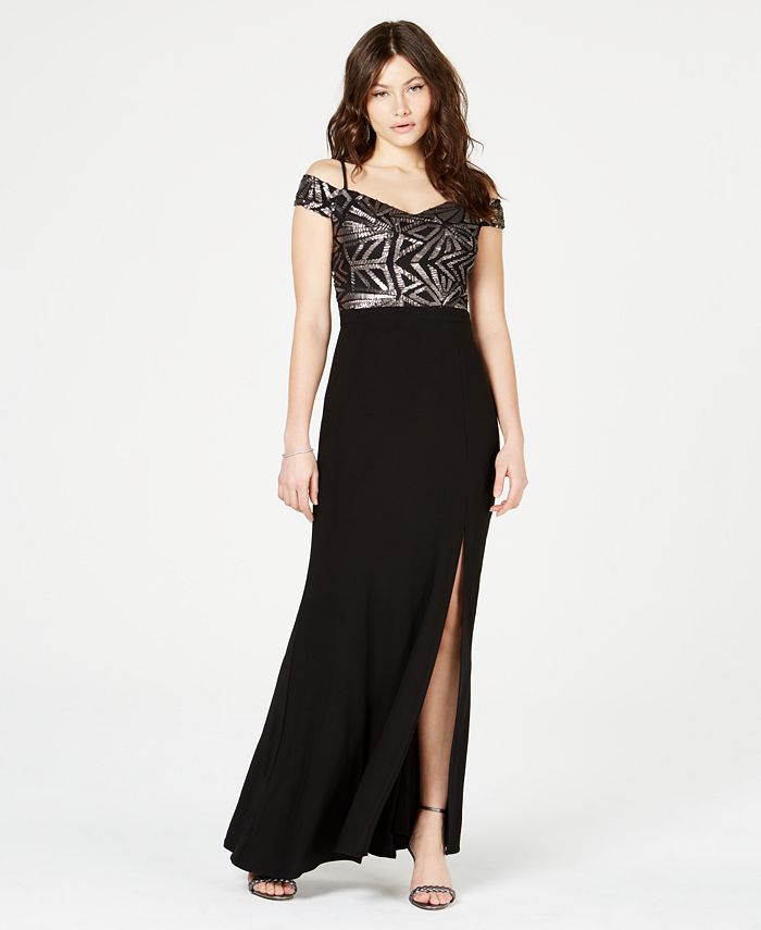 Morgan & Company Juniors' Off-The-Shoulder Fit & Flare Gown Charcoal Size 7