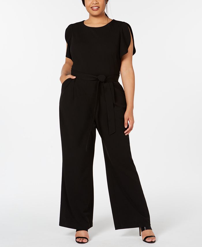 Calvin Klein Plus Size Belted Flutter-Sleeve Jumpsuit - Macy's