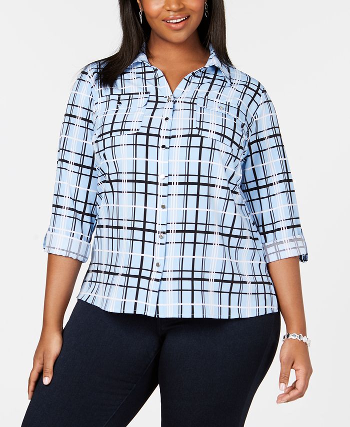 NY Collection Plus Size Plaid Utility Button-Up Shirt - Macy's