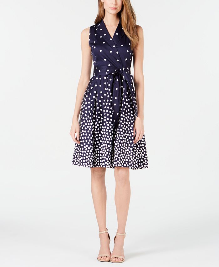 Anne Klein Notch-Collar Dot-Print Belted Dress - Macy's