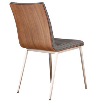 Caf&eacute; Brushed Stainless Steel Dining Chair in Gray Artificial leather with Walnut Back - Set of 2