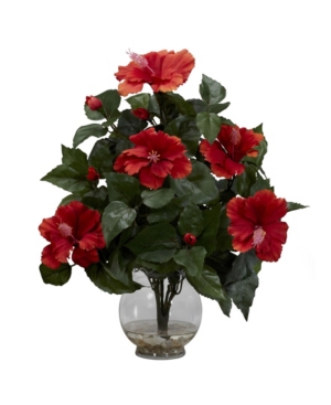 Nearly Natural Hibiscus W/fluted Vase Silk Flower Arrangement In Orange