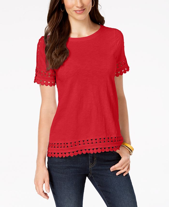 Charter Club Petite Cotton Crochet-Trim T-Shirt, Created for Macy's ...