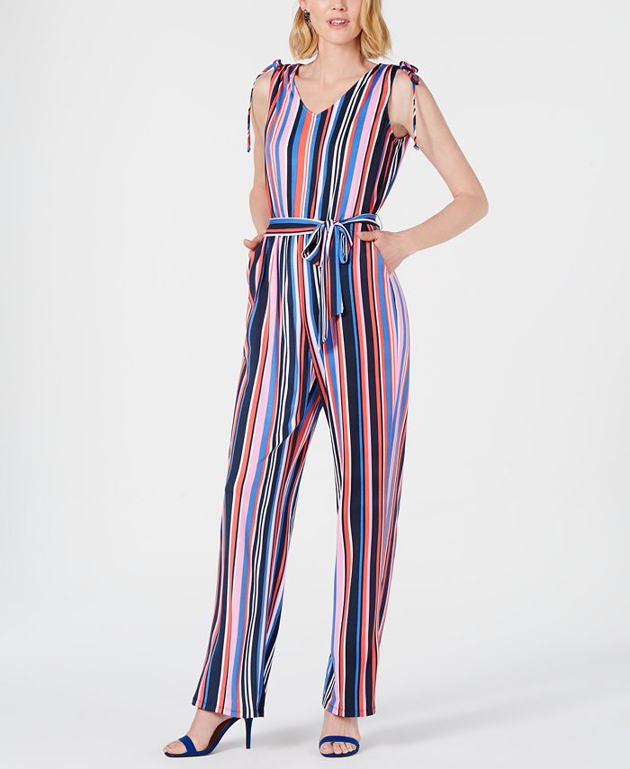 NY Collection Petite Tie-Shoulder Belted Jumpsuit - Macy's