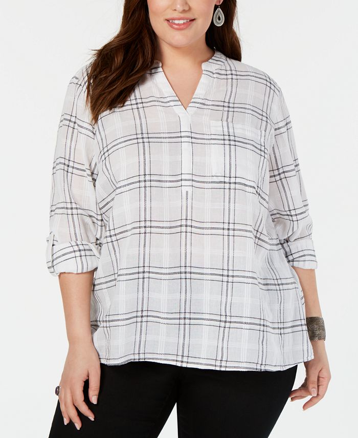 Style & Co Plus Size Cotton Windowpane Plaid Split-Neck Shirt, Created ...