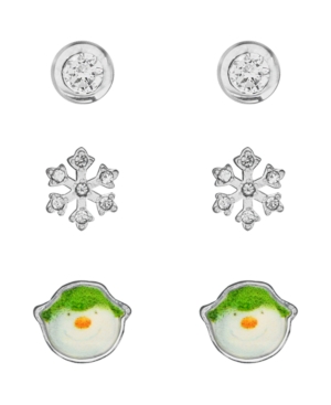 image of Snowman Cubic Zirconia Snowflake Set of 3 Stud Earrings