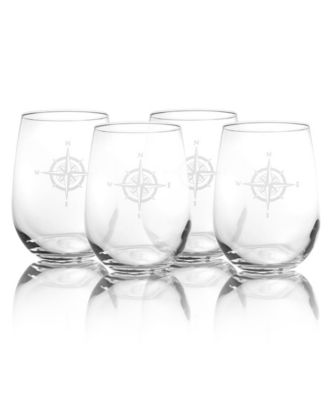Compass Rose Stemless Wine Tumbler 17Oz - Set Of 4 Glasses