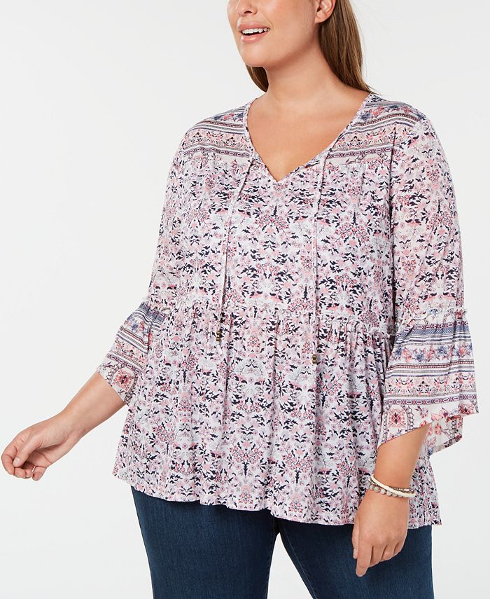 Style & Co Plus Size Printed Bell-Sleeve Top, Created for Macy's ...