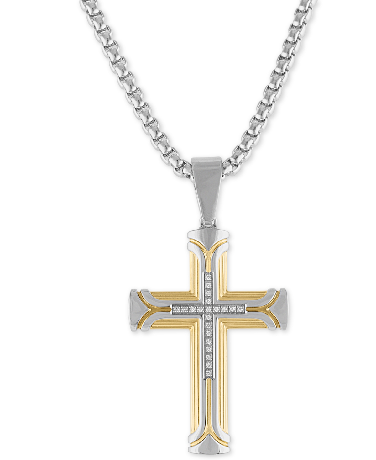 Diamond Cross 22" Pendant Necklace (1/10 ct. t.w.) in Stainless Steel & Gold-Tone Ion-Plate, Created for Macy's - Two Tone
