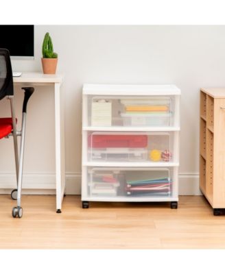 USA 3 Drawer Wide Storage Drawer Cart with Caster Wheels, Plastic Rolling Dresser for Home Closet Bedroom Bathroom Office Laundry Kitchen Craft Room Nursery and School Dorm, Gray/Clear