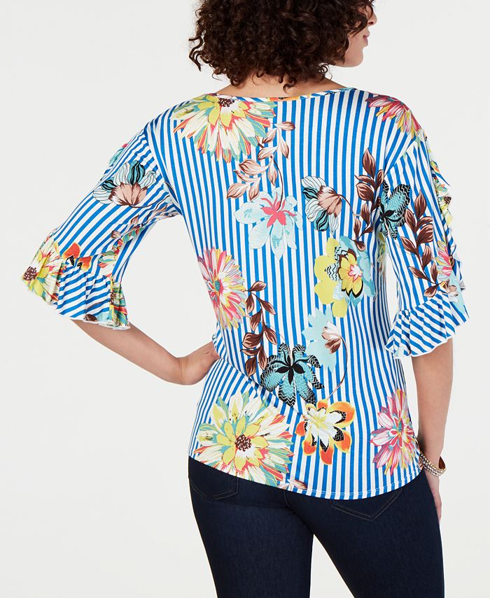 NY Collection Petite Printed Ruffle-Sleeve Top - Macy's