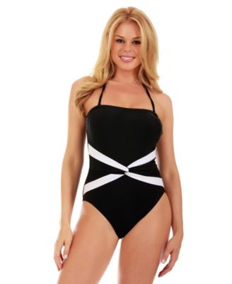 Instantfigure One-Piece Swimsuit with Super Slimming Control, Interlocking Contrast Twist Front and Removable Halter Strap