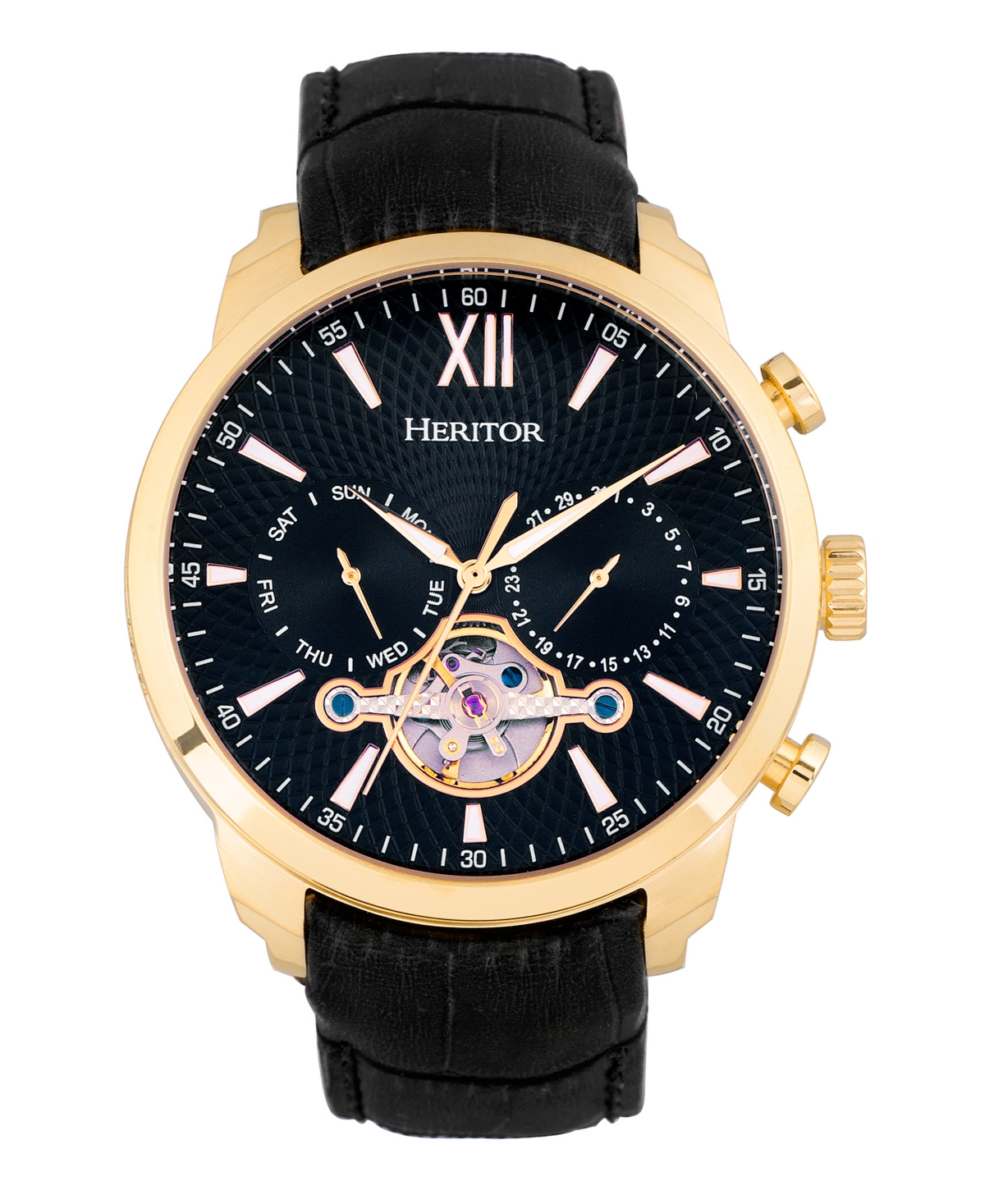 Heritor Automatic Arthur Gold Case, Black Dial, Genuine Black Leather Watch 45mm
