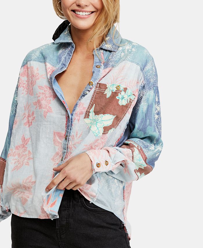 Free People Chasing Waves Mixed-Print Button-Down Top - Macy's