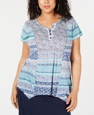 Style & Co - Plus Size Mixed-Print Handkerchief-Hem Top