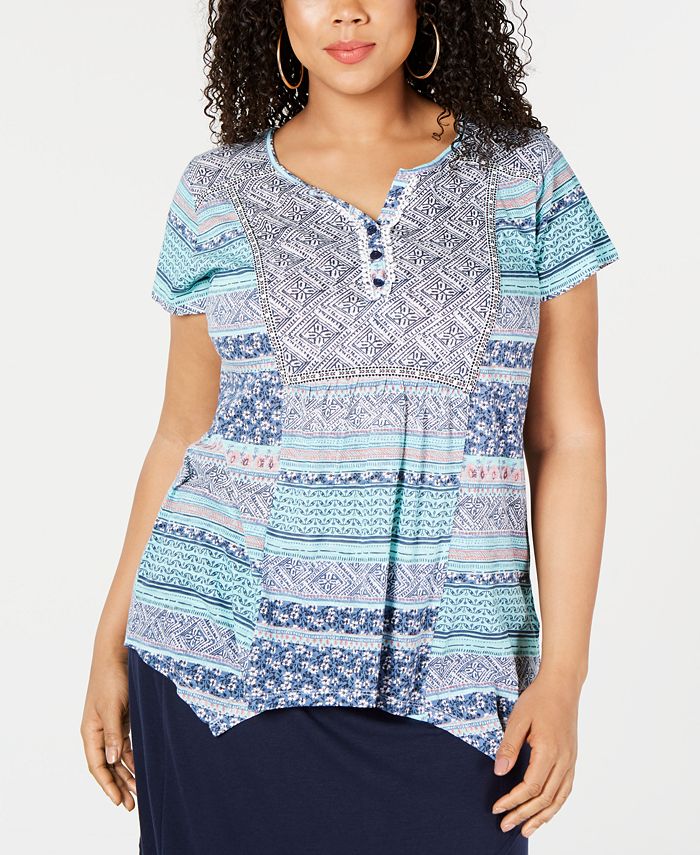 Style & Co Plus Size Mixed-Print Handkerchief-Hem Top, Created for Macy ...