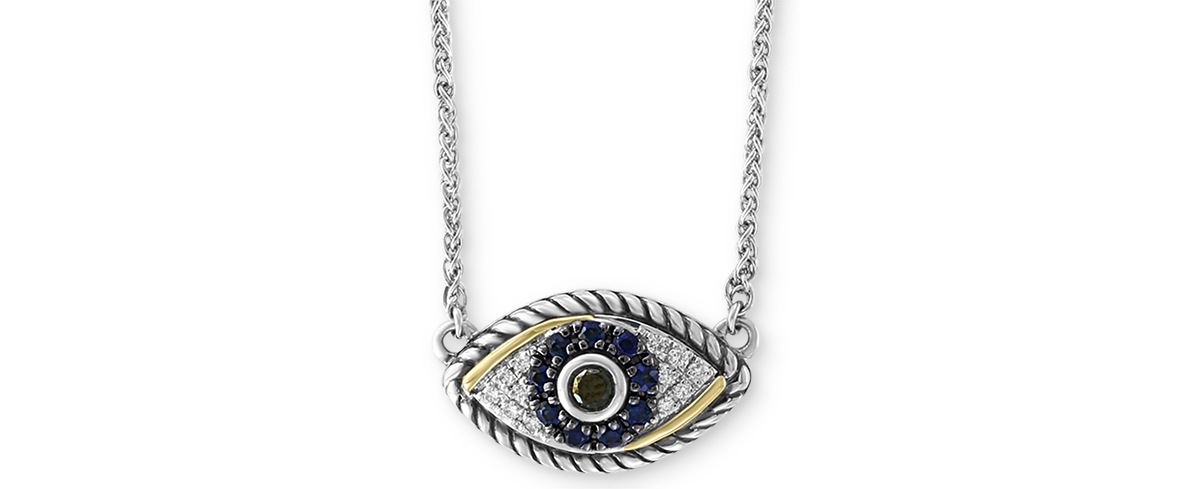 Effy Sapphire (1/6 ct. t.w.) & Diamond (1/8 ct. t.w.) Evil Eye 18" Pendant Necklace in Sterling Silver & 18k Yellow Gold - Sapphire