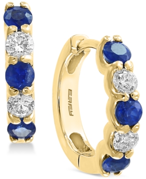 image of Effy Sapphire (3/4 ct. t.w.) & Diamond (3/8 ct. t.w.) Hoop Earrings in 14k Gold