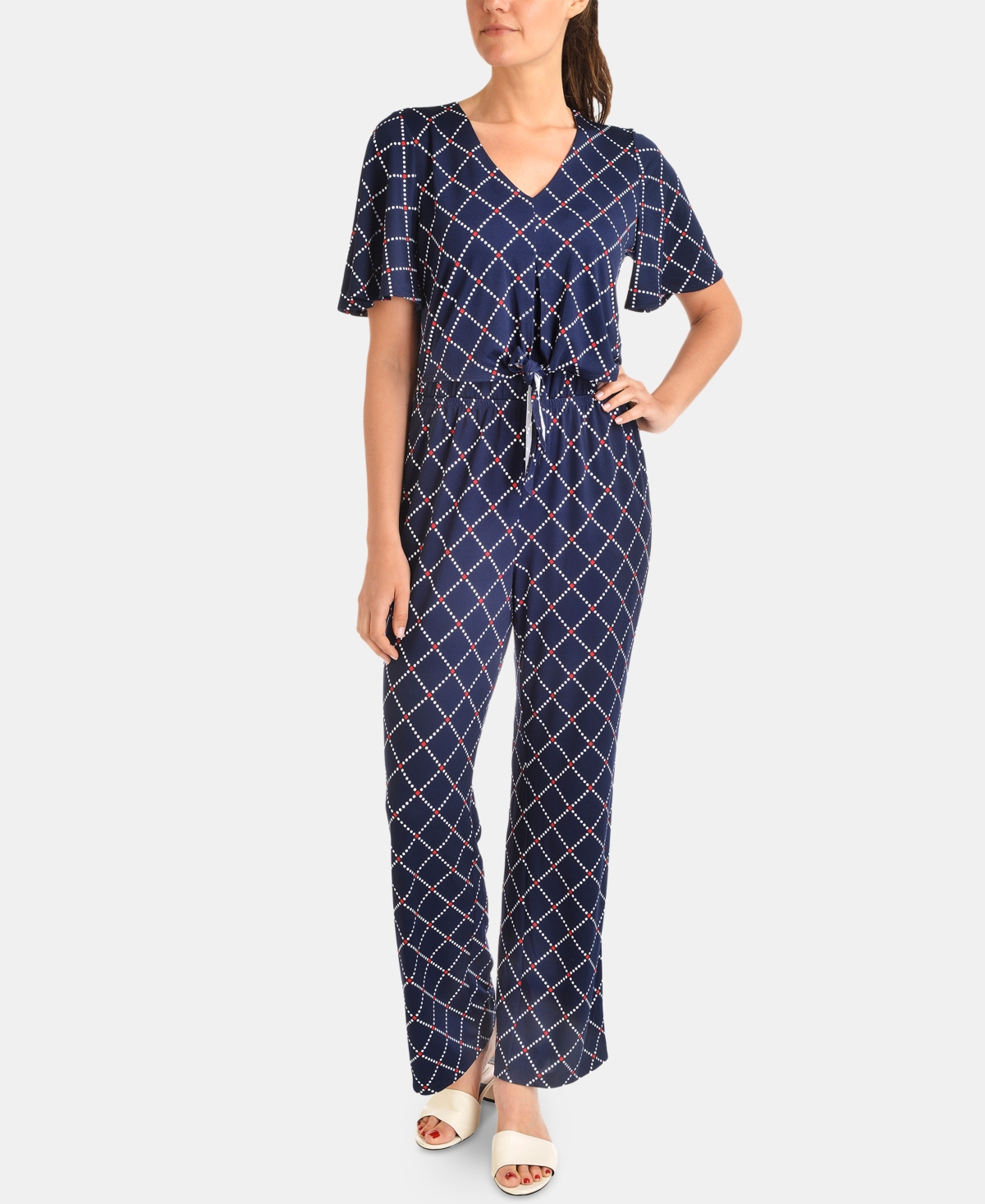NY COLLECTION FLORAL-PRINT TIE-FRONT JUMPSUIT 