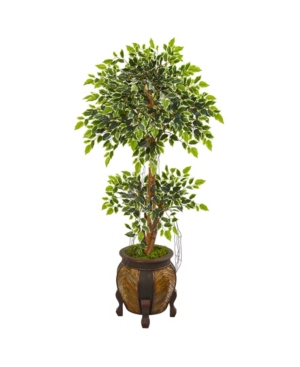 Nearly Natural 59" Variegated Ficus Artificial Tree In Decorative Planter In Green