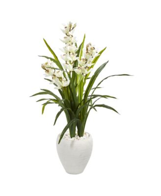 Nearly Natural - 4' Cymbidium Orchid Artificial Plant in White Planter