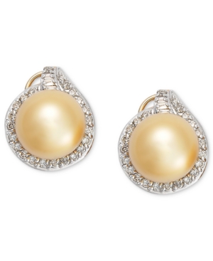 image of Pearl Earrings, 14k Gold Golden South Sea Pearl (11mm) and Diamond (3/4 ct. t.w.) Stud Earrings