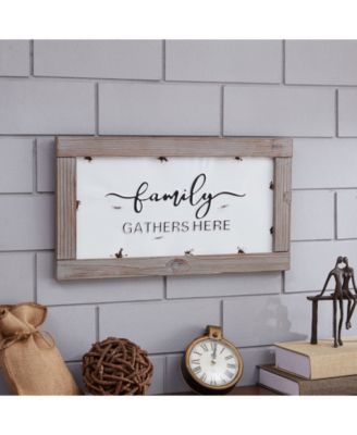 Danya B Family Gathers Here Metal Wall Art with Quote in Wooden Frame