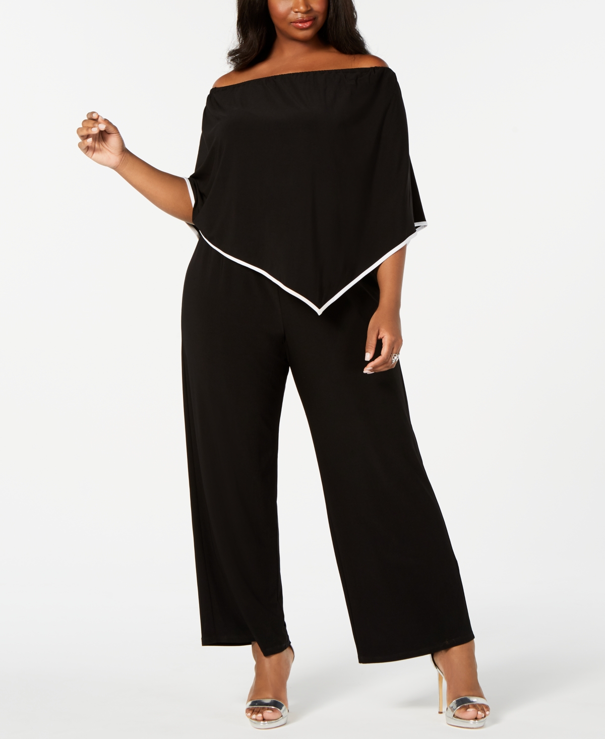 Shop Msk Plus Size Off-the-shoulder Poncho Jumpsuit In Black,white