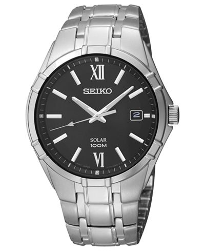Seiko Watch, Men's Solar Stainless Steel Bracelet 38mm SNE215 - Watches ...