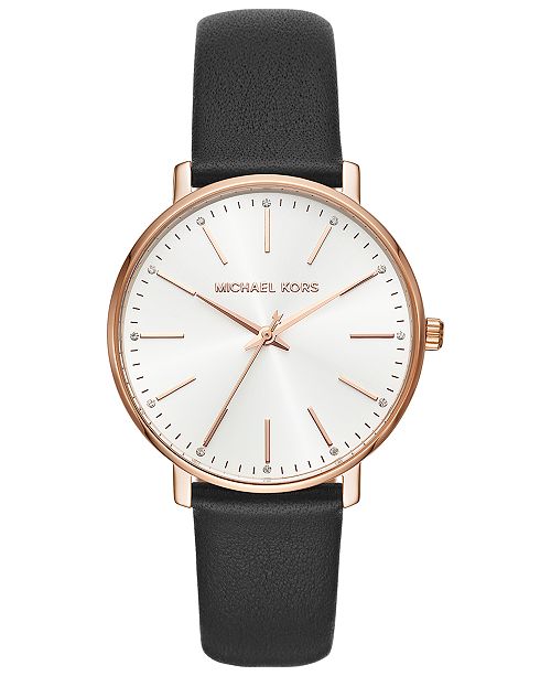 Michael Kors Women S Pyper Black Leather Strap Watch 38mm Reviews Watches Jewelry Watches Macy S