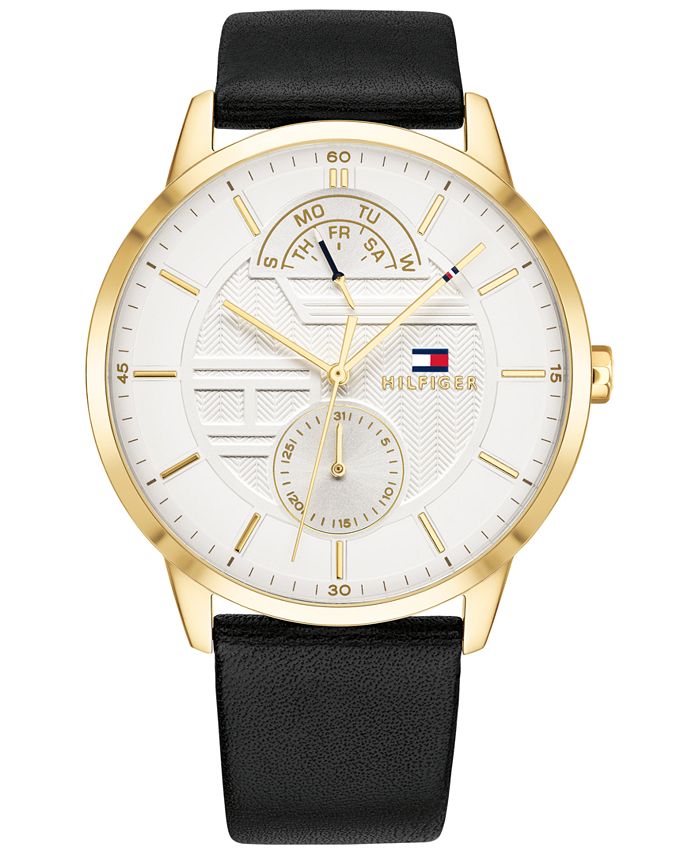 Tommy Hilfiger Men's Black Leather Strap Watch 44mm, Created for Macy's ...