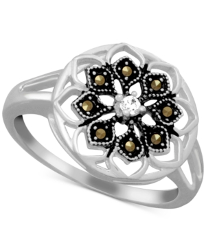 image of Marcasite & Crystal Openwork Statement Ring in Fine Silver-Plate