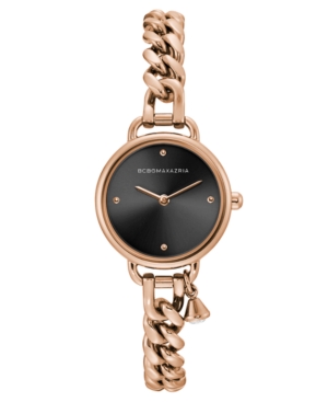 image of Bcbgmaxazria Ladies Round Rose Goldtone Stainless Steel Chain Bracelet with Crystal Charm Watch, 26mm