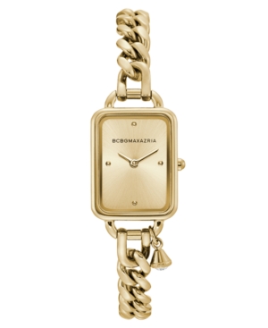 image of Bcbgmaxazria Ladies Rectangle Goldtone Stainless Steel Chain Bracelet with Crystal Charm Watch, 15mm x 21mm