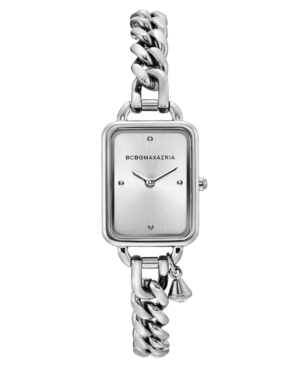 image of Bcbgmaxazria Ladies Rectangle Stainless Steel Chain Bracelet with Crystal Charm Watch, 15mm x 21mm