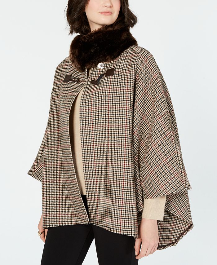 Jones New York FauxFurCollar Plaid Cape Coat Macy's