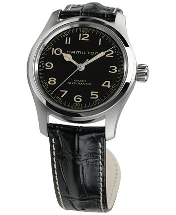 Men’s Swiss Automatic Khaki Field Black Leather Strap Watch 42mm