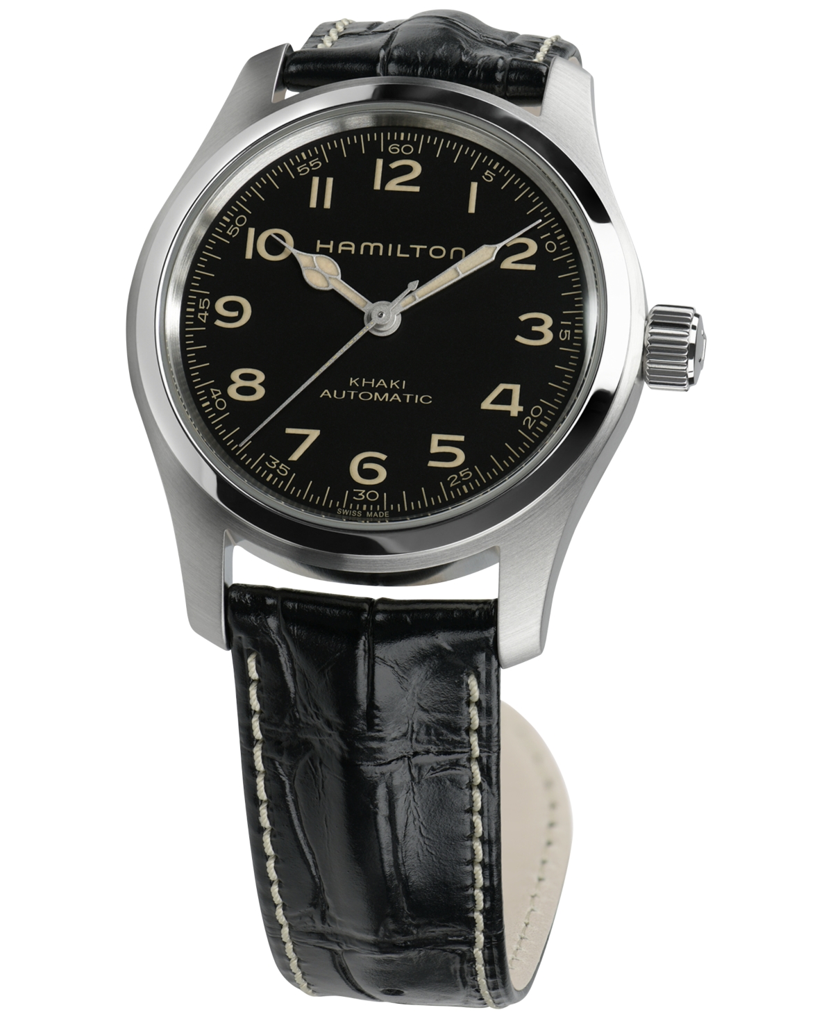 Shop Hamilton Men's Swiss Automatic Khaki Field Murph Black Leather Strap Watch 42mm