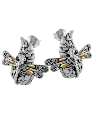 image of Sweet Dragonfly Green Earth Sterling Silver Earrings Embellished by 18K Gold Accents on 4 Strips of Dragonfly-s Wings