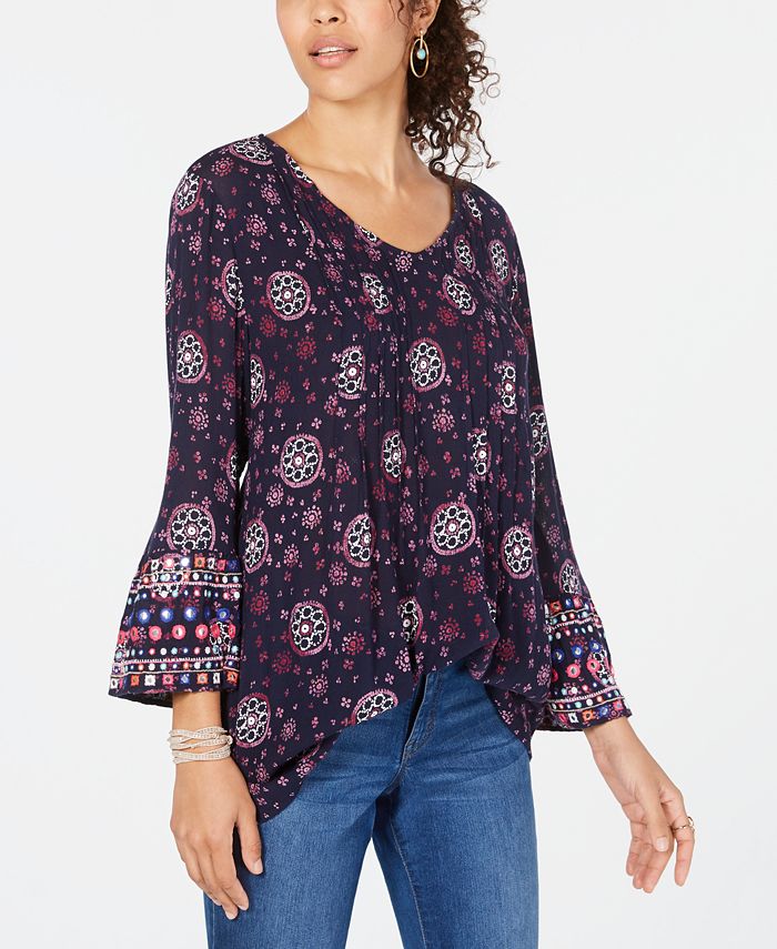 Style & Co Printed Pintucked Bell-Sleeve Top, Created for Macy's - Macy's