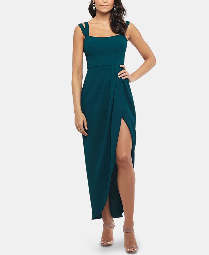 xscape side ruched double strap crepe gown