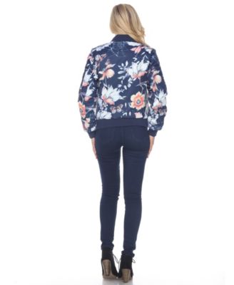 blue and white floral bomber jacket