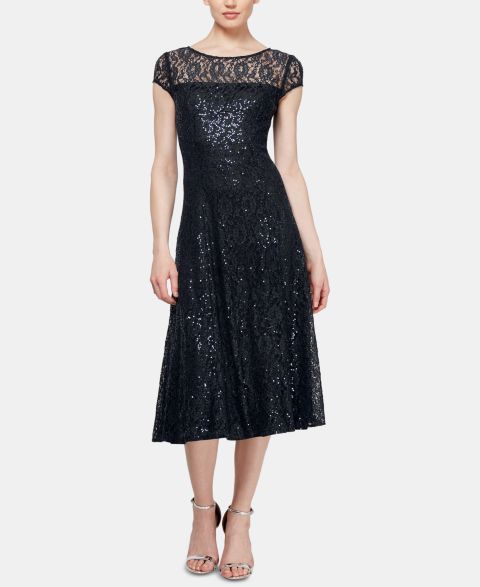 Женские платья SL Fashions Sequined Lace Midi Dresses, цвет: Чёрный