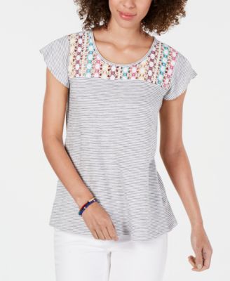 Style & Co - Cotton Crochet-Yoke Striped Top