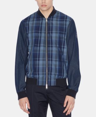 A|X Armani Exchange - Men's Mix-Media Blue Tartan Bomber Jacket