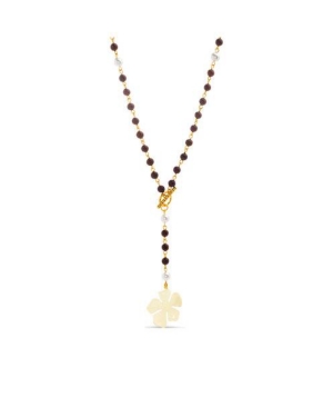 image of Steve Madden Women-s Brown Wooden Simulated Pearl Flower Gold-Tone Beaded Toggle Necklace
