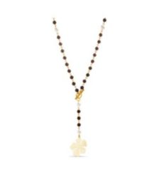 Women's Brown Wooden Simulated Pearl Flower Gold-Tone Beaded Toggle Necklace