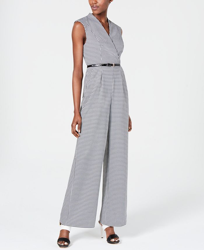 Calvin Klein Mini-Check Belted Jumpsuit - Macy's